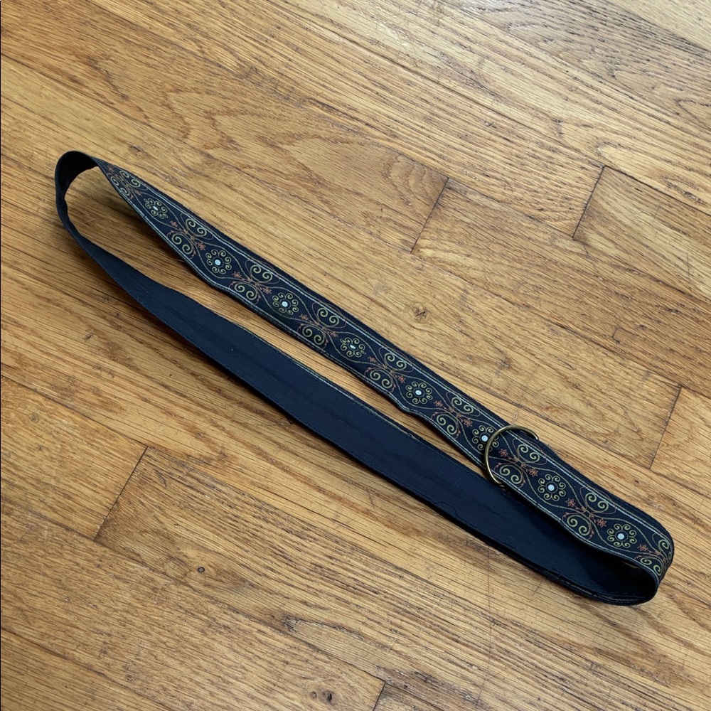 Handmade Navy Blue Floral Pattern Lightweight Belt with Gold Hardware